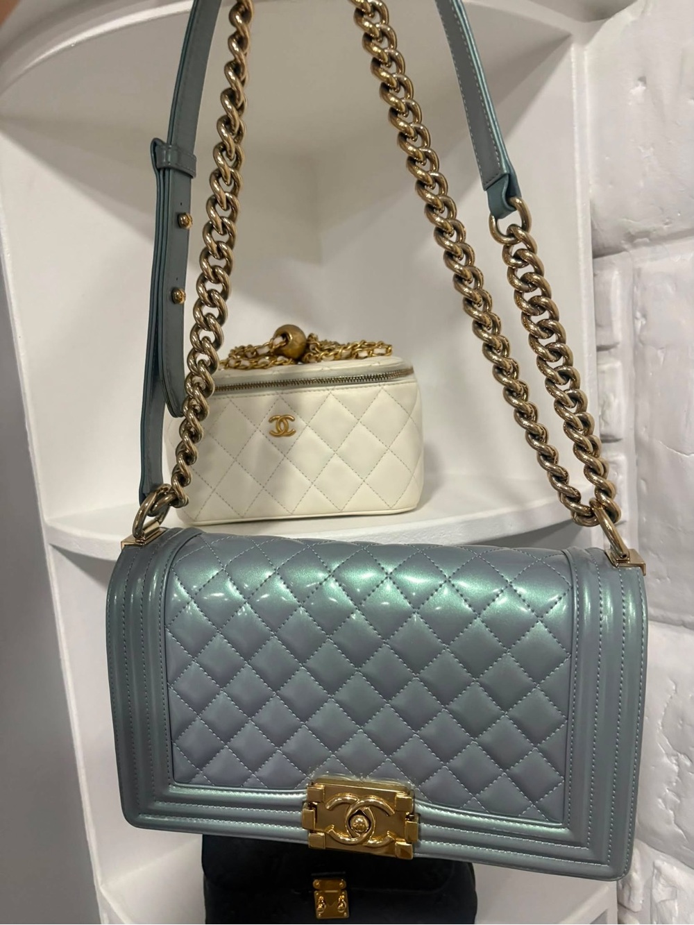 CHANEL Iridescent Teal Quilted Boy Shoulder Bag with Gold Hardware Medium